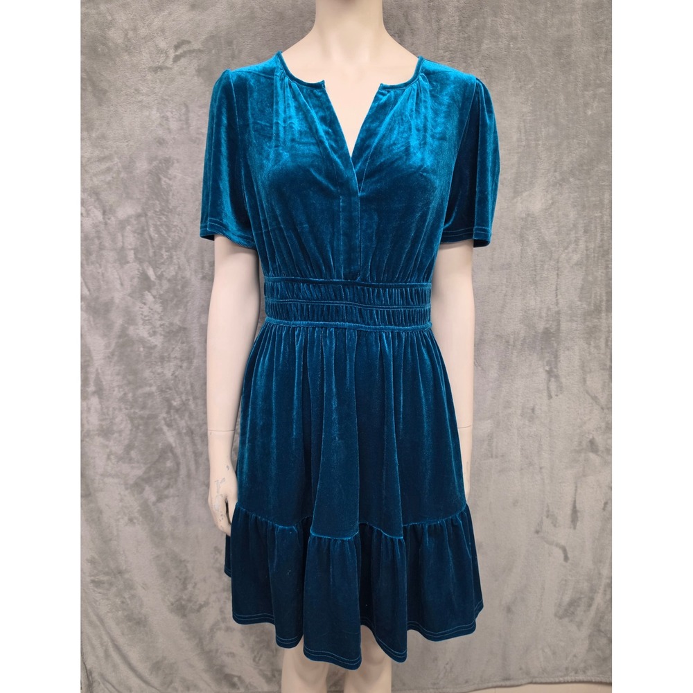 Teal Blue Velvet V-Neck Smocked Waist Tiered Ruffle Mini Dress Small NWT Fall
